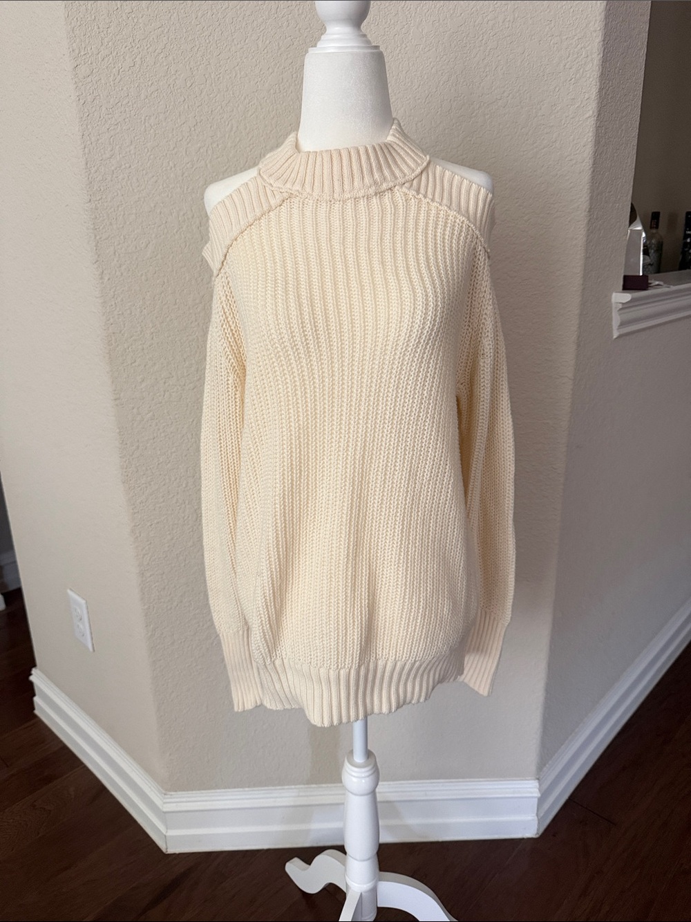 Free People Cream Off-the-Shoulder Ribbed Sweater